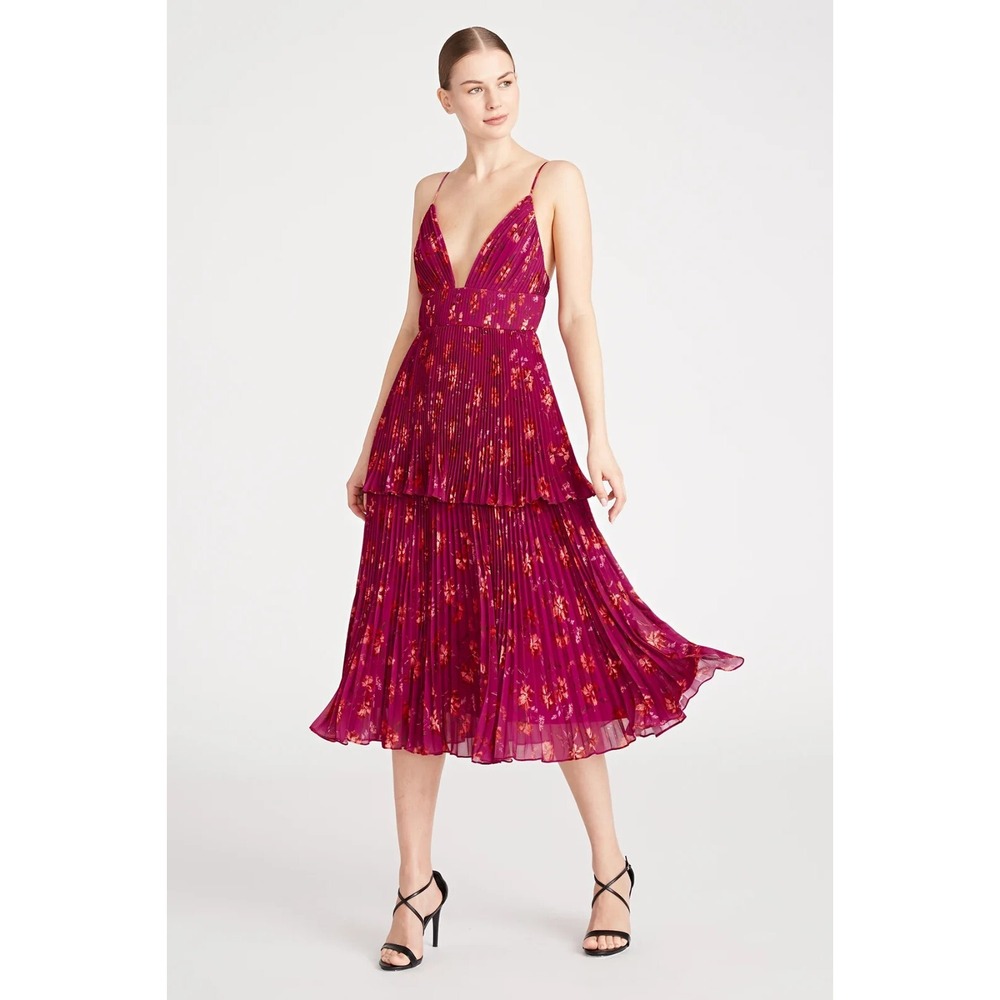 AMUR Catarina Pleated Midi Dress In Bougainvillea Floral Women's Size 4 NWT‎